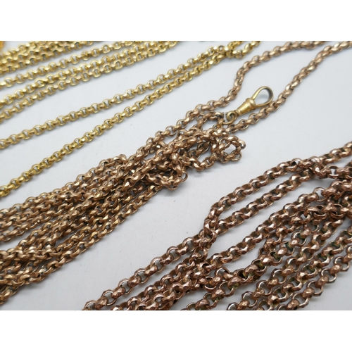 1114 - Three guard chains, a gold tone bead necklace and a watch chain lacking clips