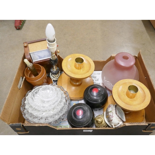 1137 - Two wooden church candlesticks, bowling balls, glassware, etc. **PLEASE NOTE THIS LOT IS NOT ELIGIBL... 