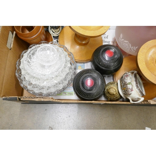 1137 - Two wooden church candlesticks, bowling balls, glassware, etc. **PLEASE NOTE THIS LOT IS NOT ELIGIBL... 