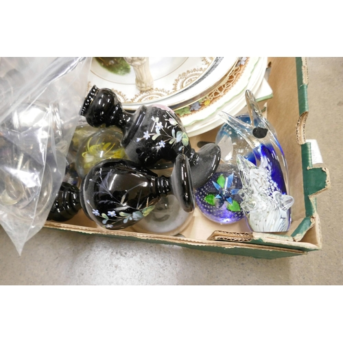 1138 - A box of assorted items including collectors plates, plated ware, glass paperweights including Caith... 