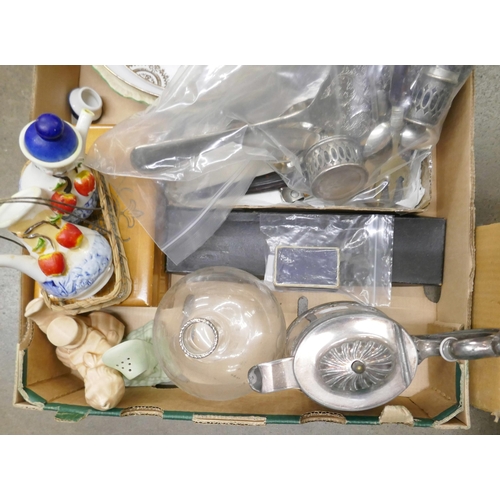 1138 - A box of assorted items including collectors plates, plated ware, glass paperweights including Caith... 