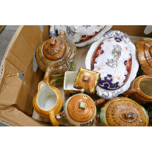 1139 - A box of cottageware; teapots, jugs, biscuit barrel, two Staffordshire tureens, one repaired and a s... 