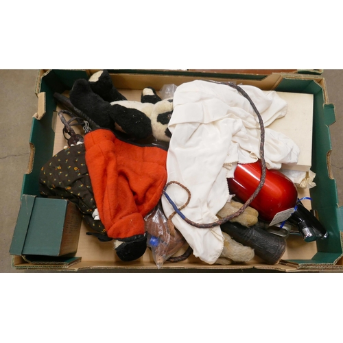 1140 - Two boxes of collectables including opera glasses, soft toys, stone bottles, etc. **PLEASE NOTE THIS... 