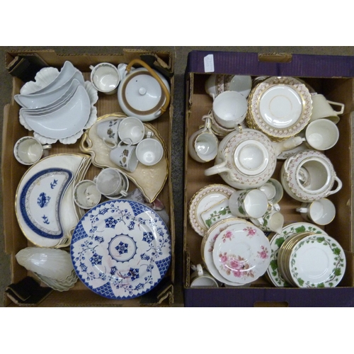 1143 - Two boxes of assorted china including teawares, Alfred Meakin, Crown Staffordshire, Ivy leaf, etc. *... 