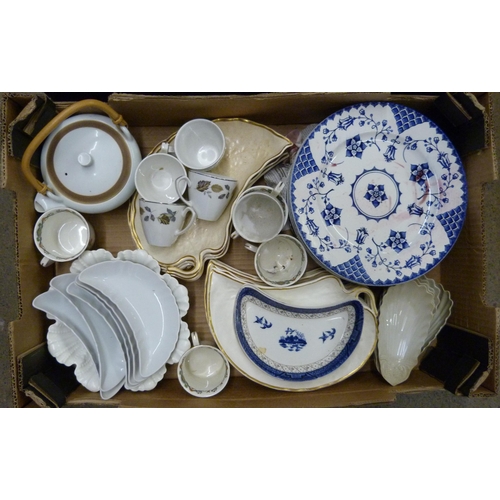 1143 - Two boxes of assorted china including teawares, Alfred Meakin, Crown Staffordshire, Ivy leaf, etc. *... 