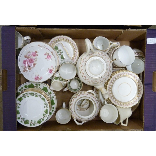 1143 - Two boxes of assorted china including teawares, Alfred Meakin, Crown Staffordshire, Ivy leaf, etc. *... 