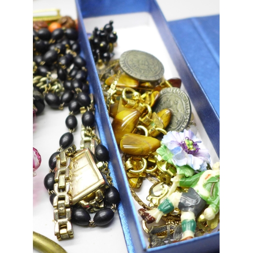609 - Costume jewellery, a silver topped hat pin box with hat pins, Albert chain, etc.