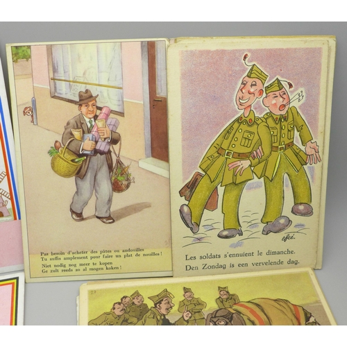 619 - Thirty postcards and two postcard booklets, includes French and Belgian comics (WWII related)
