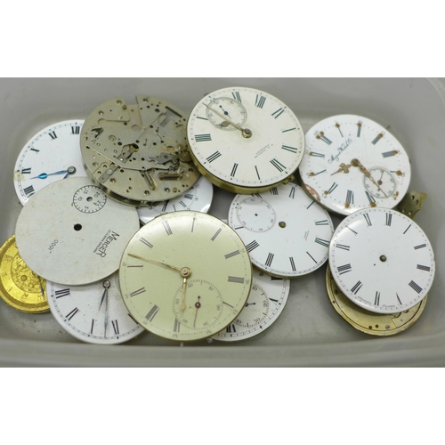 630 - Assorted pocketwatch movements including hunter/demi hunter examples, also Breitling stopwatch, a/f ... 