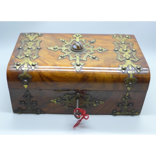 631 - An agate stone and brass Gothic/Medieval style walnut veneer box, a collection of costume jewellery ... 
