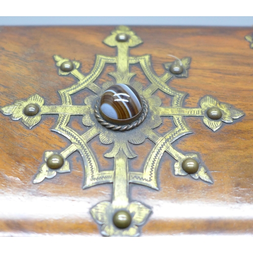 631 - An agate stone and brass Gothic/Medieval style walnut veneer box, a collection of costume jewellery ... 