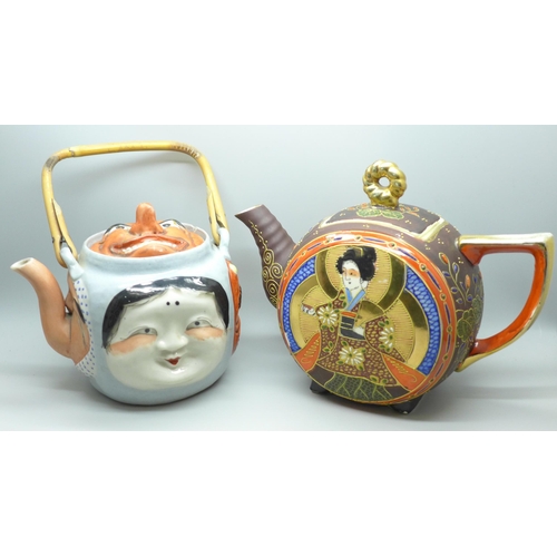 638 - A Japanese 19th Century Banko teapot with Noh masks to four sides and lid, old damge and repairs, fr... 