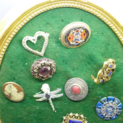 648 - Eleven vintage costume brooches on stand
