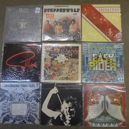 651 - Ten LP records, Rush, Steppenwolf, Sassafras, Gillan, The Byrds, Easy Rider, Thin Lizzy, Eddie and t... 