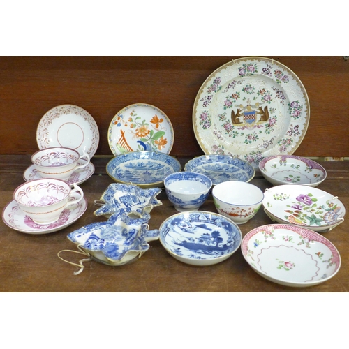 657 - 18th and 19th Century porcelain including two blue and white pickle dishes, pink lustre cups and sau... 