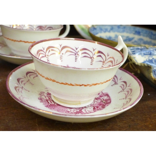 657 - 18th and 19th Century porcelain including two blue and white pickle dishes, pink lustre cups and sau... 
