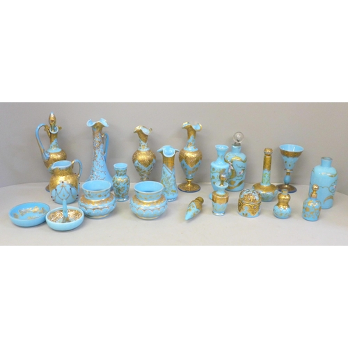 663 - French opaline sky blue glass and gilded scent bottles, vases, jug and pots, (21) (one scent bottle ... 