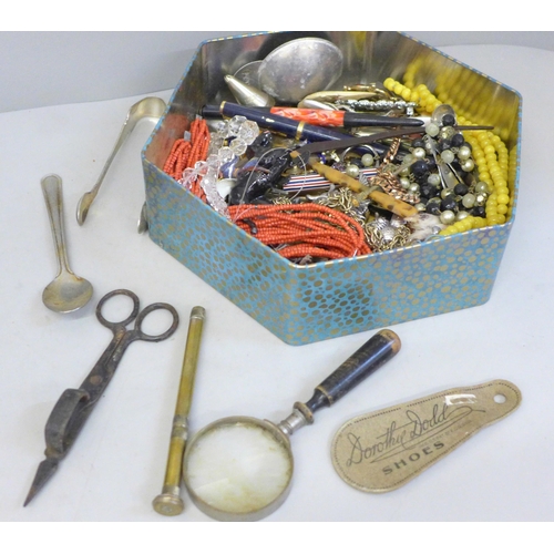 671 - Jewellery and assorted items; magnifying glass, sugar tongs, etc.