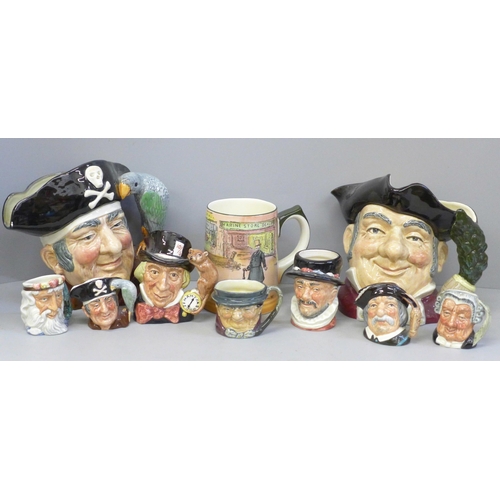 679 - A collection of Royal  Doulton character jugs and a Royal Doulton Dickens ware mug, two small jugs a... 