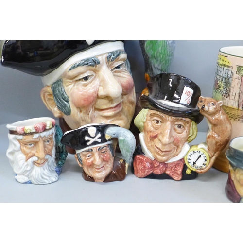 679 - A collection of Royal  Doulton character jugs and a Royal Doulton Dickens ware mug, two small jugs a... 