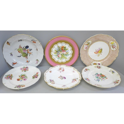 680 - Five English and continental hand painted cabinet plates, one tureen lid decorated both sides, with ... 