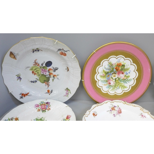 680 - Five English and continental hand painted cabinet plates, one tureen lid decorated both sides, with ... 