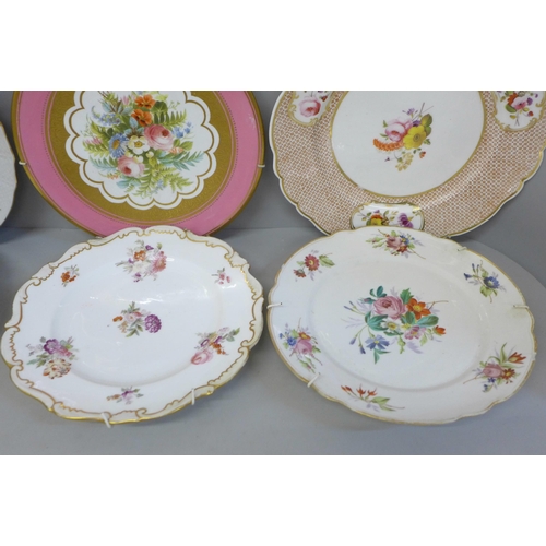 680 - Five English and continental hand painted cabinet plates, one tureen lid decorated both sides, with ... 