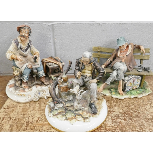 716 - Three Capodimonte figures, one signed to the back, one a/f