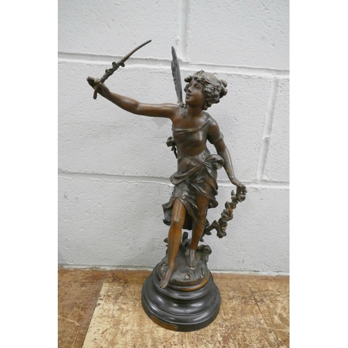 718 - A spelter figure, Fee Aux Fleurs (Fairy of the flowers), after Louis Moreau, a/f, 48cm