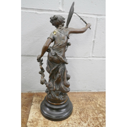 718 - A spelter figure, Fee Aux Fleurs (Fairy of the flowers), after Louis Moreau, a/f, 48cm