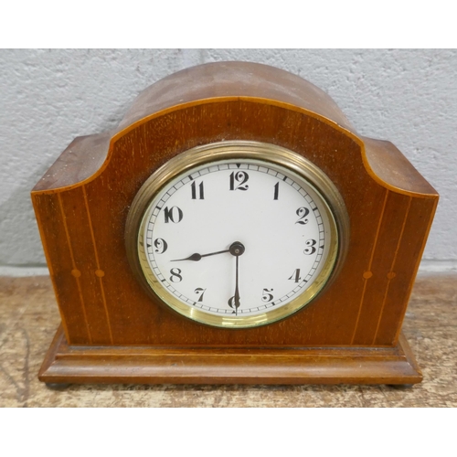 720 - An Edwardian inlaid clock, brass carriage  timepiece and two other clocks