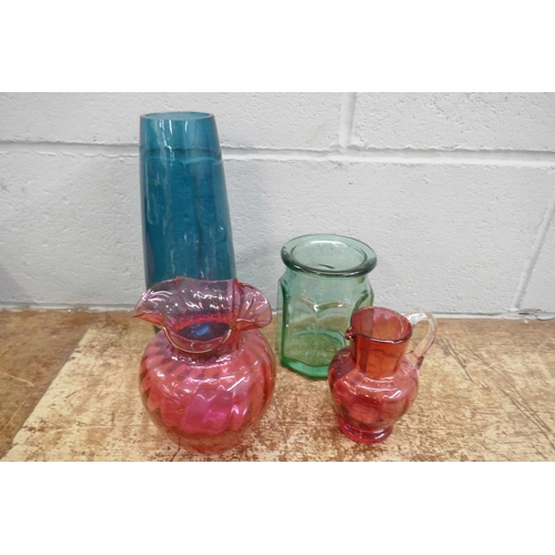 726 - A collection of coloured glass vases and a clear glass candelabra **PLEASE NOTE THIS LOT IS NOT ELIG... 