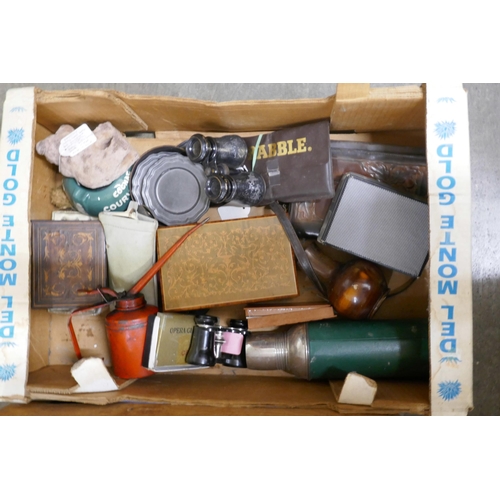 735 - Two boxes of collectable items including enamelled opium pipe, oil can, Wade Whimsies, opera glasses... 