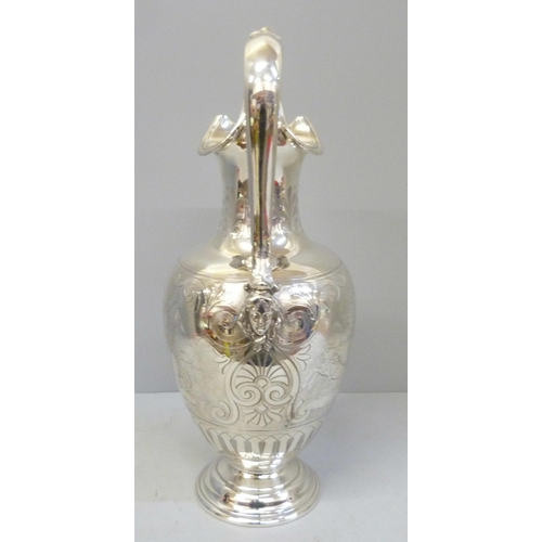 749 - A Victorian silver claret jug, London 1852, Edward & John Barnard, boxed, 772g, 31cm