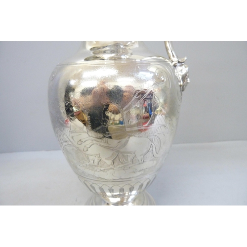 749 - A Victorian silver claret jug, London 1852, Edward & John Barnard, boxed, 772g, 31cm