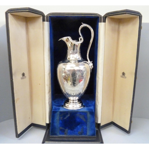 749 - A Victorian silver claret jug, London 1852, Edward & John Barnard, boxed, 772g, 31cm