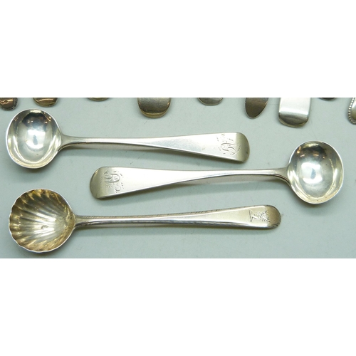 816 - A collection of silver condiment spoons including a Victorian mustard spoon by George Adams, 136g