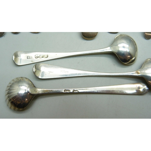 816 - A collection of silver condiment spoons including a Victorian mustard spoon by George Adams, 136g