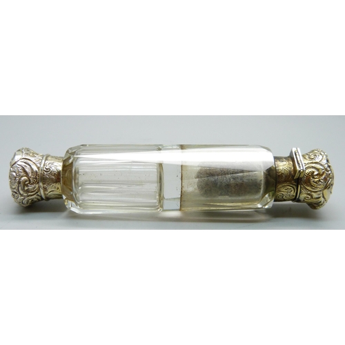 824 - A Victorian glass double scent bottle with gilt white metal tops, 12.5cm