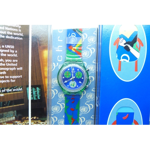 827 - A Swatch chronograph wristwatch, designed by young artists from around the world to mark the 50th An... 