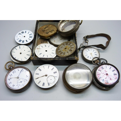 838 - A .935 silver fob watch, a .800 silver pocket watch and a silver part pocket watch case, a/f, togeth... 