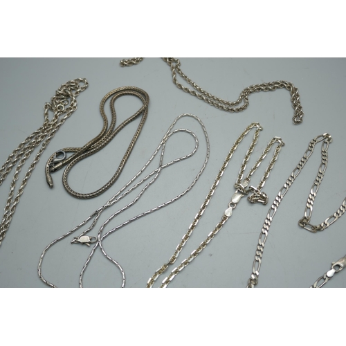 857 - Five silver necklaces, and a silver foxtail link chain with replacement metal clasp, 60g