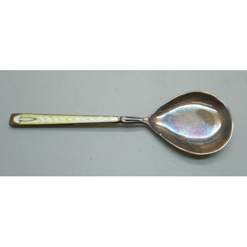 873 - A cased set of six silver and enamelled coffee spoons, Birmingham 1958, T & S, 62g