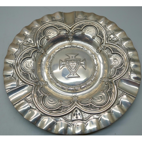 876 - A white metal tray/dish marked M. Fray and a larger white metal tray, both with continental control ... 