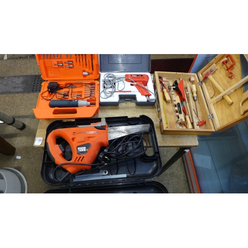2035 - A quantity of power tools including a Black & Decker KC100 cordless electric screwdriver with charge... 