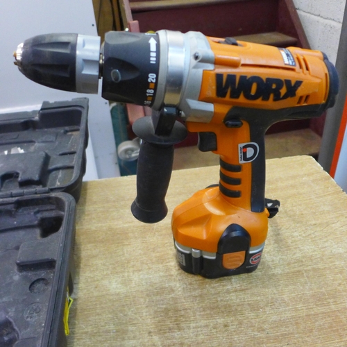 2047 - A Worx 18v hammer drill with 2 batteries and charger (WX369.3) and a Wickes 18v battery cordless dri... 