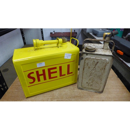 2063 - 2 Vintage fuel cans; Valor Paraffin and a 2-gallon Shell can with brass cap and filler spout (repain... 