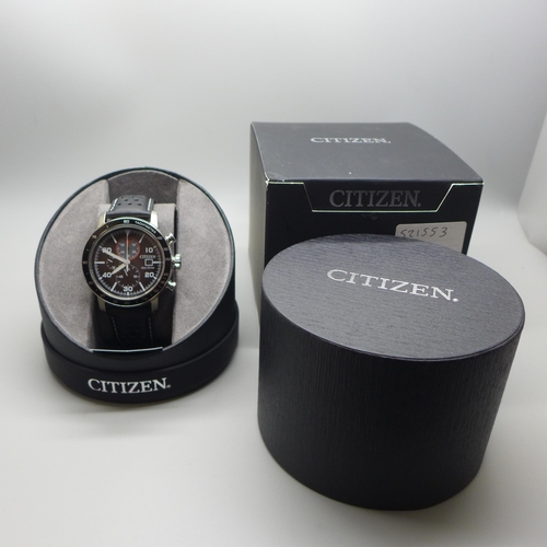 2110 - A men's Citizen Eco-Drive chronograph wristwatch with stainless steel case, black dials and black le... 