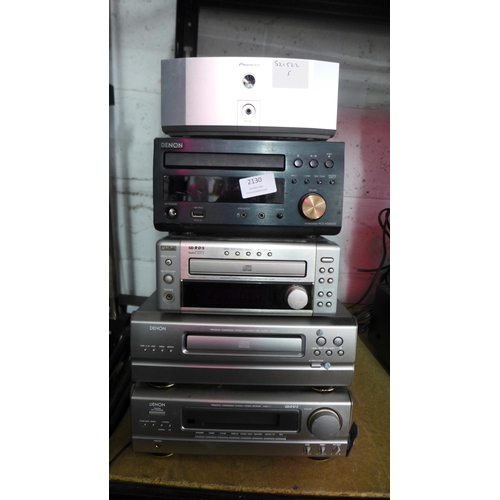 2130 - Stereo equipment including a Pioneer M-f10 stereo power amplifier, a Denon RCD-M38DAB CD receiver, a... 