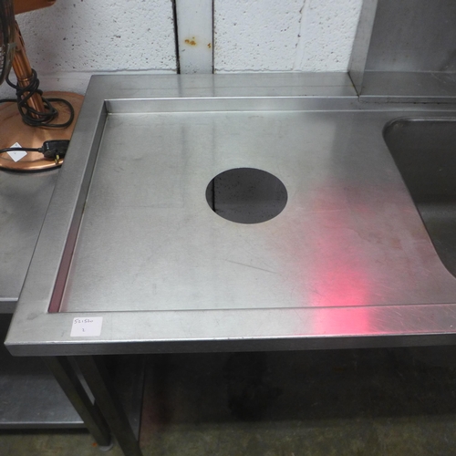 2147 - A 180 x 60cm stainless steel industrial catering  kitchen sink unit with hole for waste disposal